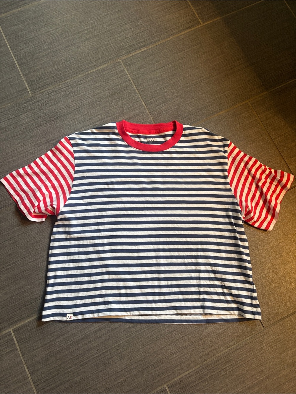 American Eagle large red white blue stripe ringer tee patriotic USA EUC